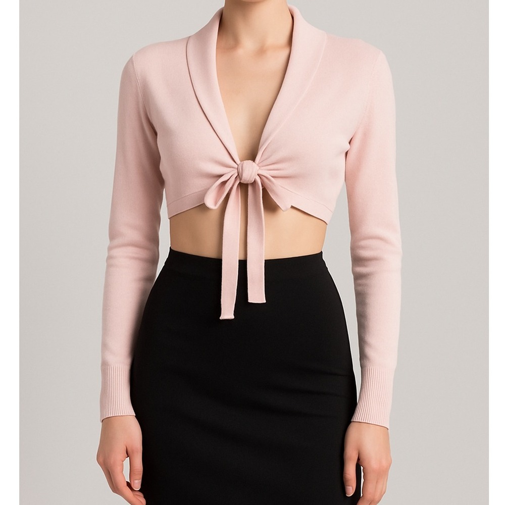 Patrizia Pepe Italy Pale Pink Knit Tie Front Cropped Bolero Shrug Cardigan M 8